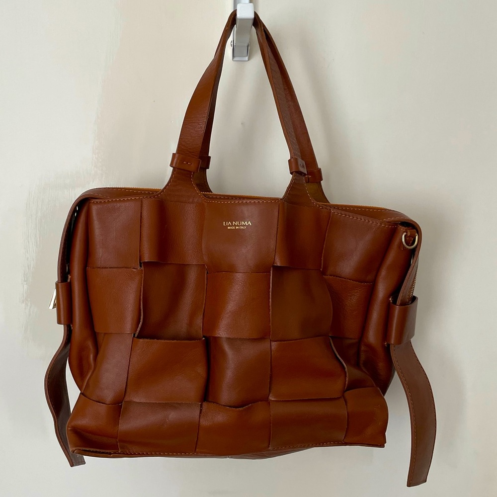 Lia Numa Brown Woven Leather Satchel